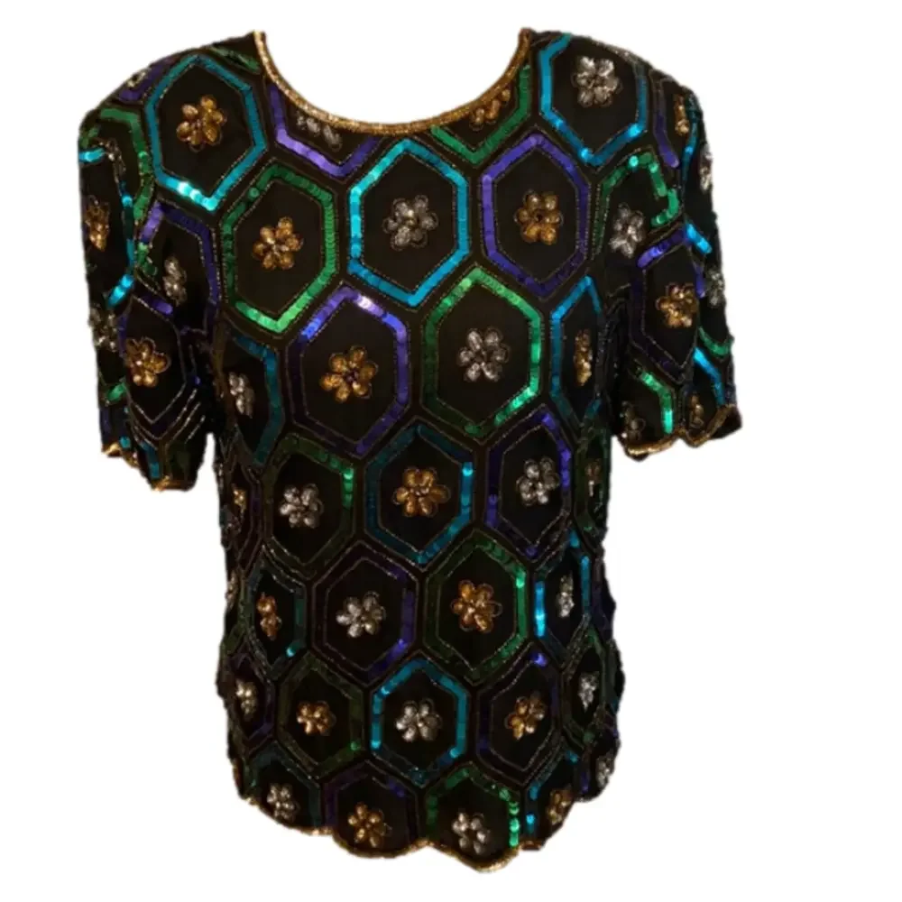Vintage Y2K Night Vogue Top Heavily Sequined Silk Small Holiday - Picture 1 of 12